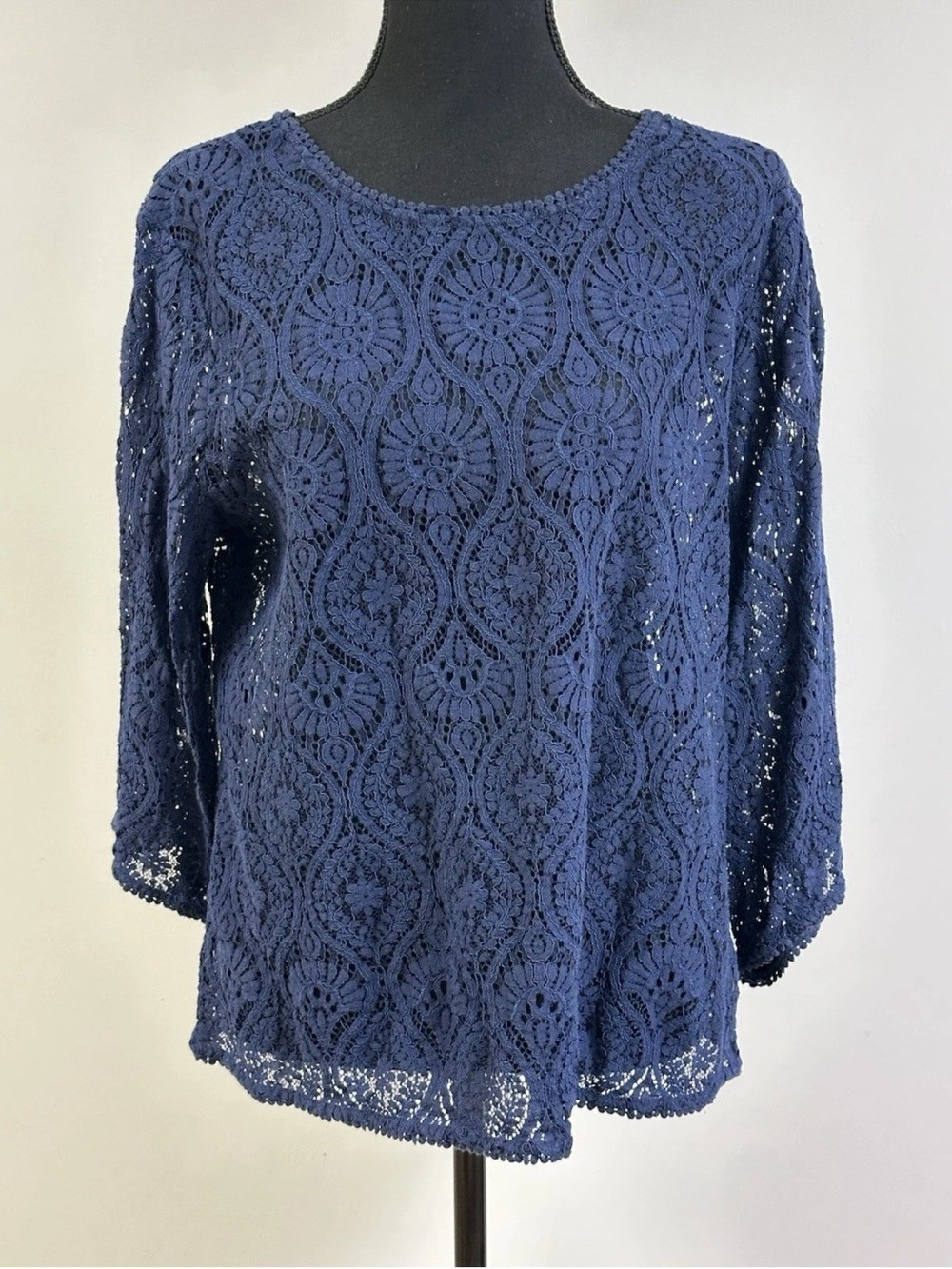 Banana Republic Blouse Women's Navy Blue Sheer Lace Long Sleeve Scalloped  Sz XL